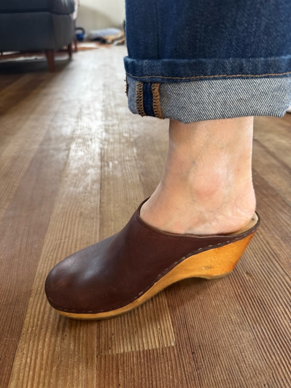 No. 6 New School Clog- brown leather with Wooden Wedge